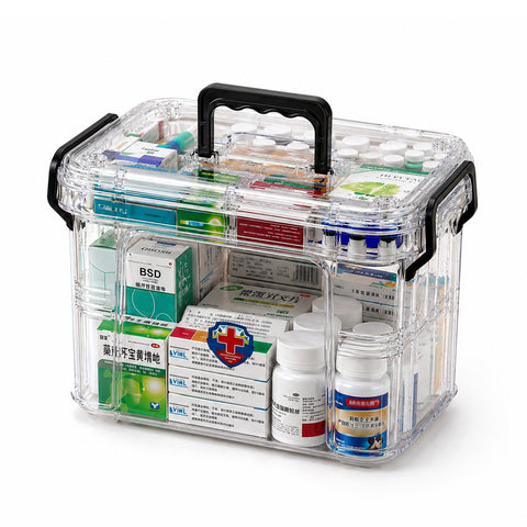 Organizer per Farmaci Trasparente a 2 Livelli con Maniglia e Chiusura a Clip -  8 Scomparti Superiori 23,5x17x13,5 cm