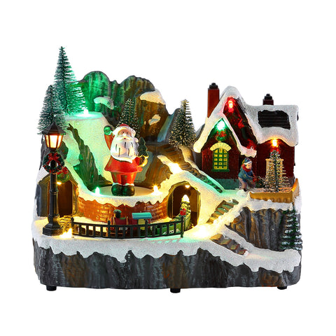 saint joy litville villaggio di natale illuminato led con trenino in movimento e babbo natale rotante 8 melodie natalizie 23x15x18 cm a batteria ean 8050043127709