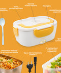 Dettaglio componenti Lunch Box Lunchy+ con vaschetta acciaio estraibile, contenitori 600ml, valvola vapore, maniglia e spia luminosa