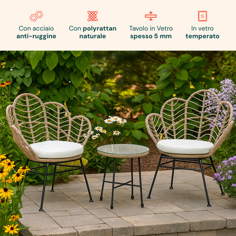 Set Fiji Salotto Con Tavolino In Vetro E 2 Sedie In Polyrattan