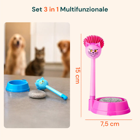Set Pulizia Ciotole per Animali con Spazzola Gatto e Spugna Abrasiva